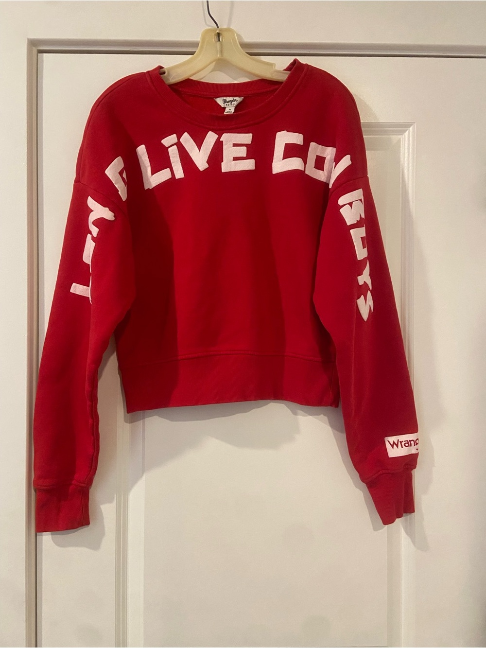 Wrangler Red Cropped Crew Sweatshirt w/ Long Live Cowboys lettering